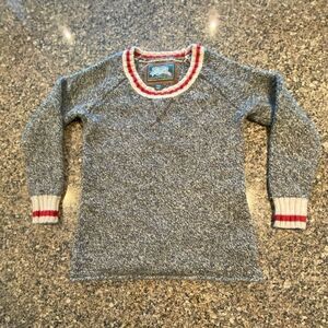 ROOTS SIGNATURE HEATHER GREY AND RED CREW NECK STRIPED SWEATER SIZE XS